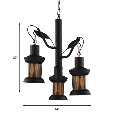 Lantern Metal Ceiling Lighting Retro Style 3 Heads Indoor Chandelier Light Fixture in Black