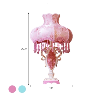 Ruffle-Edge Fabric Shade Desk Lamp Modernist 1-Head Pink/Blue Nightstand Light with Crystal Bead Deco