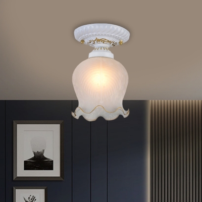 White 1 Bulb Flushmount Lighting Rural Style Ribbed Glass Scalloped Ceiling Light Fixture