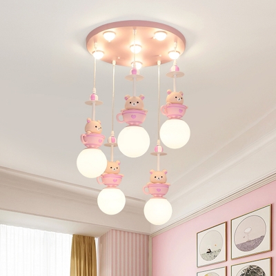 White Glass Bulb Hanging Light Cartoon 5 Heads Pendant Lighting in Pink for Kids Room, Warm/White Light