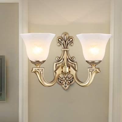 1/2-Head Up Wall Lamp Rural Living Room Wall Light Sconce with Bell Frosted Glass Shade in Gold