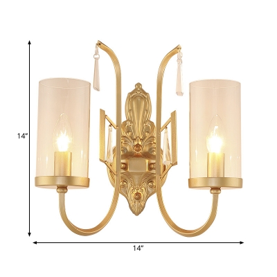 1/2-Light Cylinder Wall Sconce Traditional Gold Finish Clear Glass Wall Light Fixture with Curved Arm