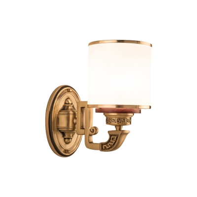 1 Light Cylinder Sconce Light Fixture Rustic Brass Finish Milky Glass Wall Lighting Ideas