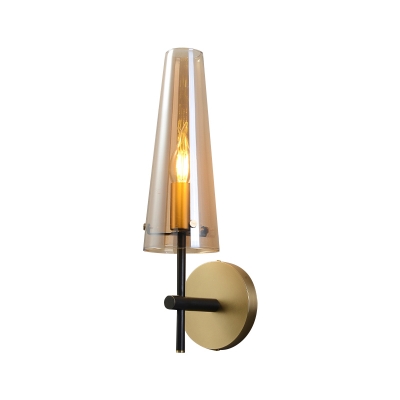 Amber Glass Conical Wall Lamp Modernism 1 Head Black Wall Lighting Ideas for Sitting Room