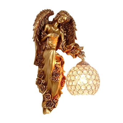 Angel Corridor Wall Sconce Lighting Rural Resin 1 Light White/Dark Gold Wall Lamp with Orb Crystal Embedded Shade, Right/Left