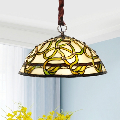 Bowl Shaped Pendant Chandelier Tiffany Hand Cut Glass 3 Lights Green Ribbon Patterned Hanging Lamp Kit