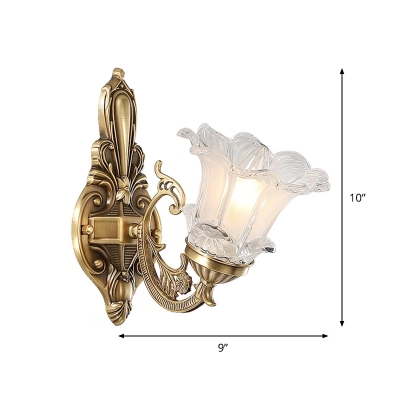 Brass 1/2 Bulbs Wall Mounted Lamp Rustic Crystal Glass Flower Wall Light Sconce with Curved Arm