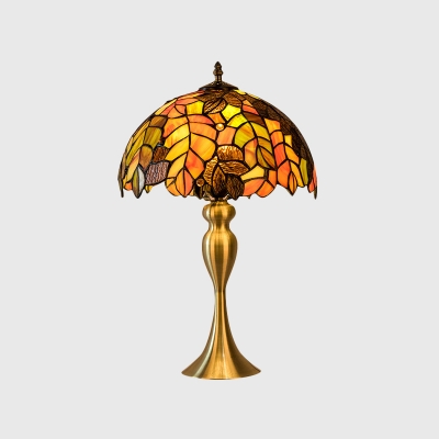 Brass 1 Light Night Lighting Tiffany Stained Glass Bowl Shaped Table Light with Leaf Pattern