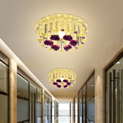 Chrome LED Circle Ceiling Flush Simplicity Crystal Rod Flushmount with Flower Design in Warm/White/Multi Color Light, 7