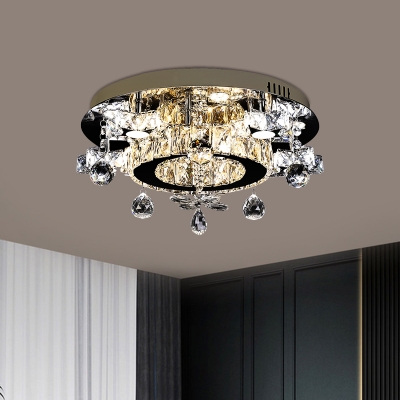 Circle Semi Flush Light Minimalist Clear Crystal LED Chrome Ceiling Fixture in Warm and White Light with Droplet