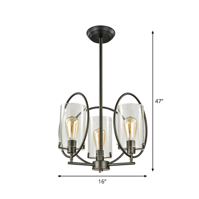 Clear Glass Cylinder Chandelier Farmhouse 3 Bulbs Dining Room Pendant Lighting Fixture in Black with Metal Ring Deco