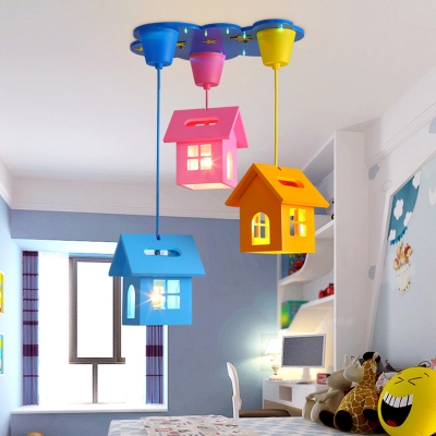 Cottage Multiple Lamp Pendant Cartoon Wood 3 Heads Blue-Pink-Yellow Hanging Light Kit