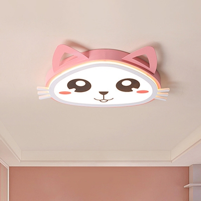 Cute Kitty Acrylic Flush Ceiling Light Cartoon Pink LED Flushmount Lighting in Warm/White Light