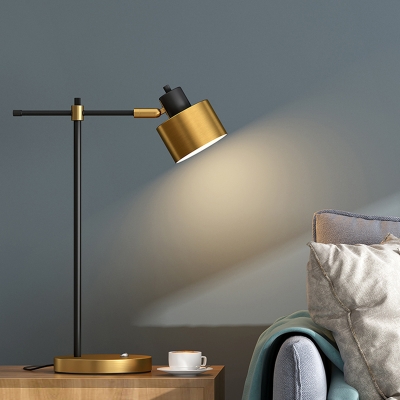 Cylinder Living Room Desk Light Metallic 1-Bulb Modern Night Table Lamp with Adjustable Arm in Brass