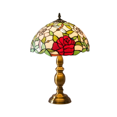 Dome Night Lighting Mediterranean Hand Cut Glass 1 Bulb Brass Finish Table Lamp with Rose Pattern
