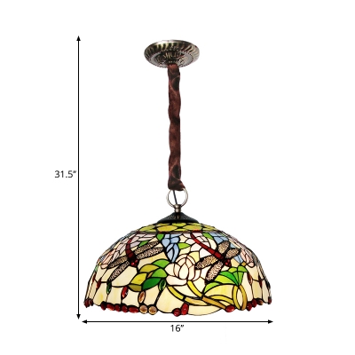 Dome Stained Glass Chandelier Lighting Mediterranean 3-Light White Ceiling Pendant with Dragonfly and Petal Pattern