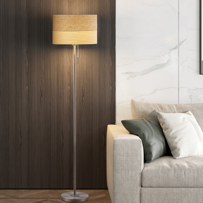 Fabric Drum Standing Lamp Contemporary 1-Head Floor Reading Lighting with Pull Chain in Beige