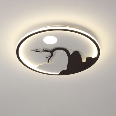 Fabric Hill and Birds/Flower Wall Sconce Chinese LED Round Wall Mural Lighting in Black for Dining Room