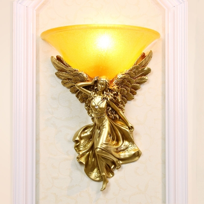 Frosted Glass Bell Wall Mount Light Country 1 Light Corridor Sconce with White/Gold Resin Angel Deco, Right/Left