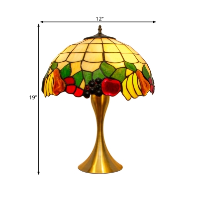 Fruit Patterned Stained Glass Night Lamp Tiffany 1 Light Brass Pull Chain Nightstand Light with Lattice Dome Shade