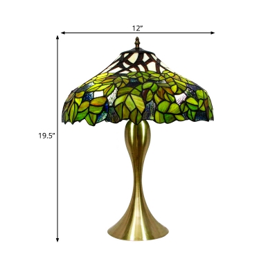 Green Hand Cut Glass Night Table Lamp Bowl 1-Light Tiffany Style Pull Chain Table Lighting with Leaf Pattern