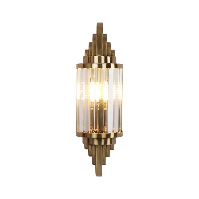 Half Cylinder Sconce Light Fixture Retro Crystal Prisms 1 Bulb Bedside Wall Mount Light in Brass