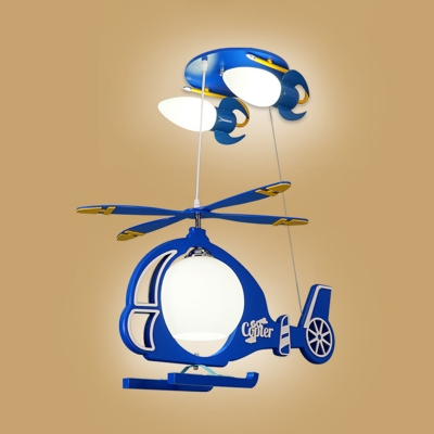 Kids 5-Bulb Ceiling Mounted Lamp Blue Helicopter Flush Light with Milk Glass Shade