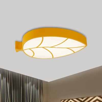 Leaf Flush Mount Fixture Kids Style Acrylic LED Bedroom Ceiling Lamp in Red/Pink/Yellow, Warm/White Light
