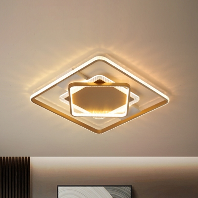LED Bedroom Ceiling Flush Mount Minimalism Gold Flush Lamp with Squared Metallic Shade in Warm/White Light