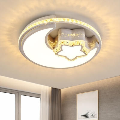 LED Bedroom Flush Ceiling Light Simple White Crystal Lighting Fixture with Moon and Star/Flower Acrylic Shade
