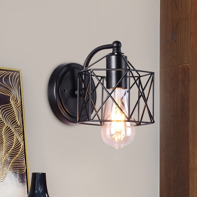 Metallic Hexagonal Cage Wall Mount Lamp Industrial Style 1-Bulb Dining Room Surface Wall Sconce in Black