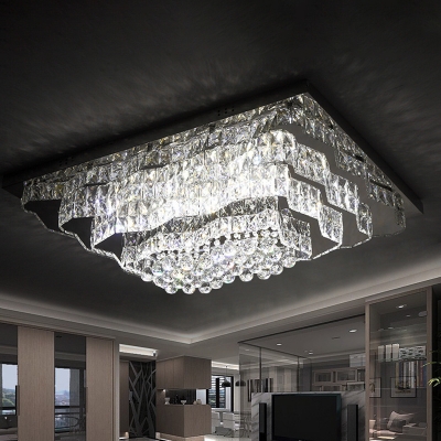Minimalist LED Flush Light Fixture Chrome Tiered Wavy Rectangle Ceiling Lamp with Faceted Crystal Shade