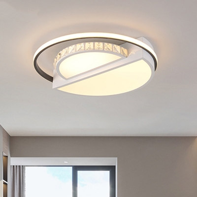Modernist Circle Flush Ceiling Light Crystal LED Bedroom Flush-Mount in White with Acrylic Shade