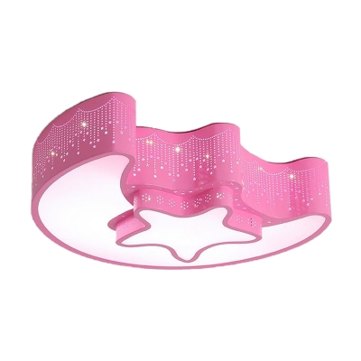 Moon and Star Flush Mount Light Kids Style Acrylic Pink/White LED Ceiling Lighting for Nursery