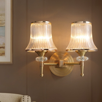 Retro Tapered Wall Lamp 1/2-Light Clear Ribbed Glass Wall Mount Lighting in Brass for Living Room