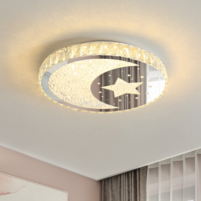 Simplicity Disc Flush Mount Lamp Crystal LED Bedroom Ceiling Light Fixture in Stainless-Steel with Moon and Star Pattern