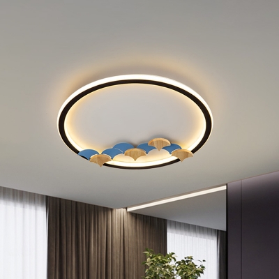 Square/Round Ceiling Mounted Light Kids Acrylic Black Finish LED Flushmount with Ginkgo Leaf/Geometric Pattern for Bedroom