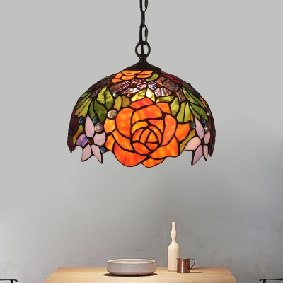 Stained Glass Bowl Ceiling Hang Fixture Mediterranean 1-Light Yellow Pendant Lighting with Blossom Pattern