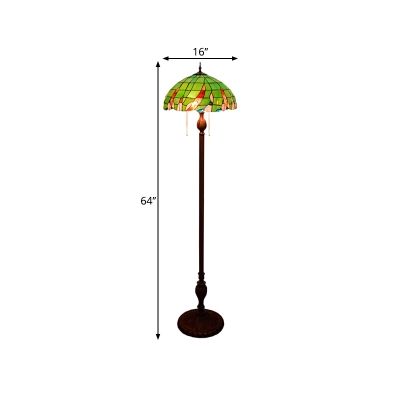 Stained Glass Domed Standing Light Mediterranean 3 Lights Green Floor Reading Lighting with Pull Chain