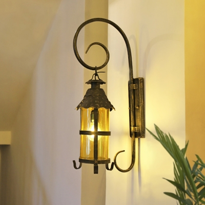 Tan Glass Lantern Wall Light Sconce Industrial Style 1 Head Corridor Wall Mounted Lamp in Antique Bronze