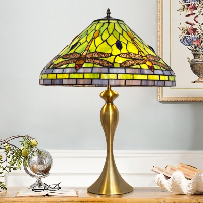 Tiffany Tapered Night Lamp 1-Light Stained Glass Nightstand Light in Brass with Dragonfly Pattern