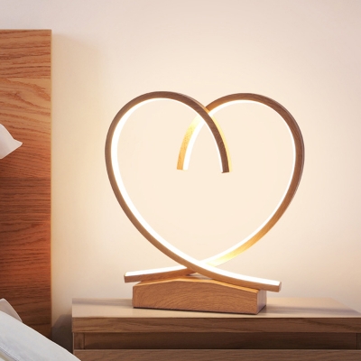 Wood Loving Heart Night Table Lamp Contemporary LED Nightstand Light in Black/White/Beige for Bedside