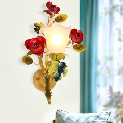 1/2-Light Wall Lighting Ideas Country Flower Frosted Glass Wall Light Fixture in Yellow for Hallway