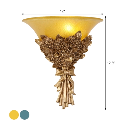 1 Bulb Wall Lighting with Bell Shade Amber/Opaline Glass Rustic Bedroom Wall Mounted Lamp with Flower Deco in Gold/Multi-Color