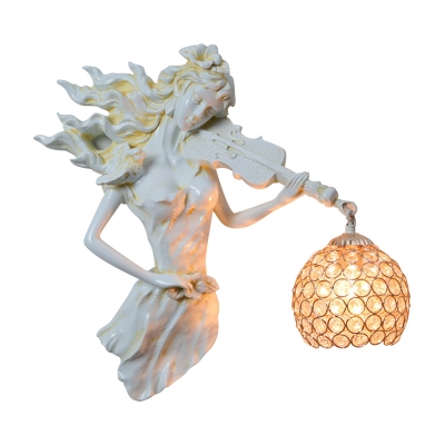 1-Head Crystal Wall Lighting Country Style White/Gold Global Sconce Light Fixture with Resin Girl with Zither Backplate