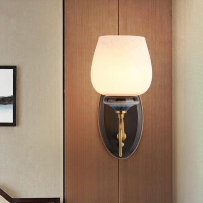 1-Light Opal Glass Wall Lamp Countryside Brass Tulip Wall Mount Light Fixture for Living Room