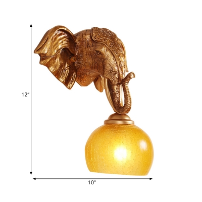 1 Light Surface Wall Sconce Classic Elephant Resin Wall Lighting Fixture in Gold with Globe Crackle Frosted Glass Shade