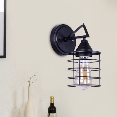 1 Light Wall Lighting Fixture Farm Style Cylinder Cage Metallic Wall Sconce Light in Black