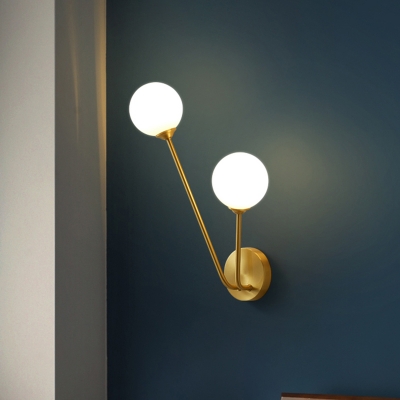 2 Bulbs Study Room Wall Light Minimalism Brass Wall Mount Lamp with Orb Milk Glass Shade