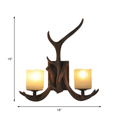 2 Lights Cylinder Wall Lamp Traditional Brown Resin Wall Mount Light Fixture with Antler Backplate